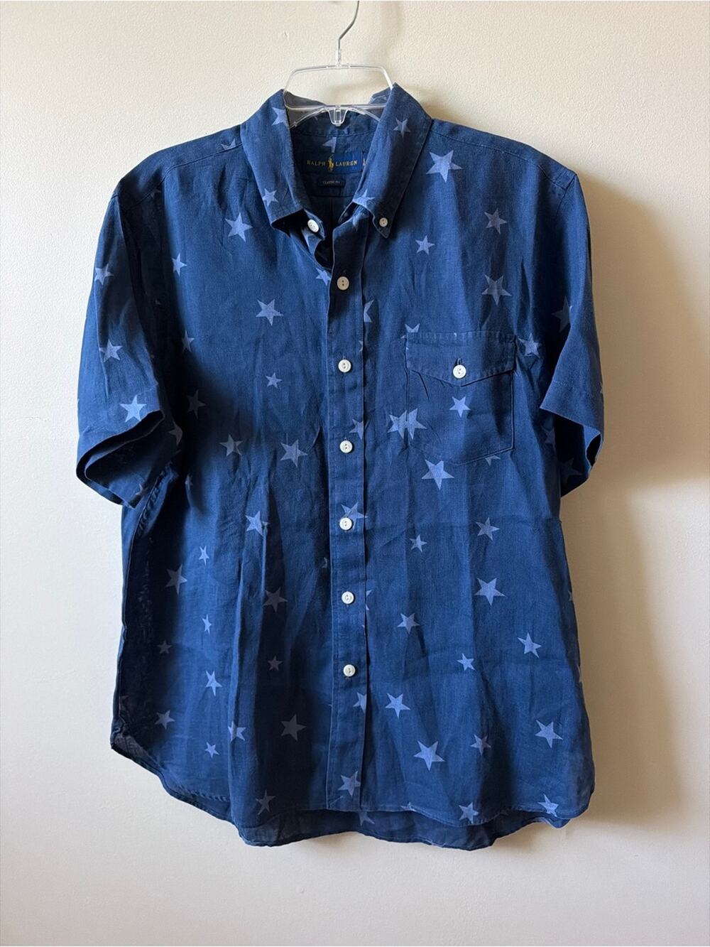 Ralph Lauren Men’s Blue 100% Linen Star Print Button Down Size Large